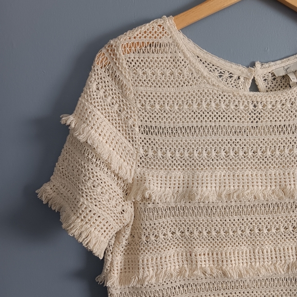 Joie Rafel Ivory Crochet Knit Boho Fringe Top Size Medium - Picture 2 of 6